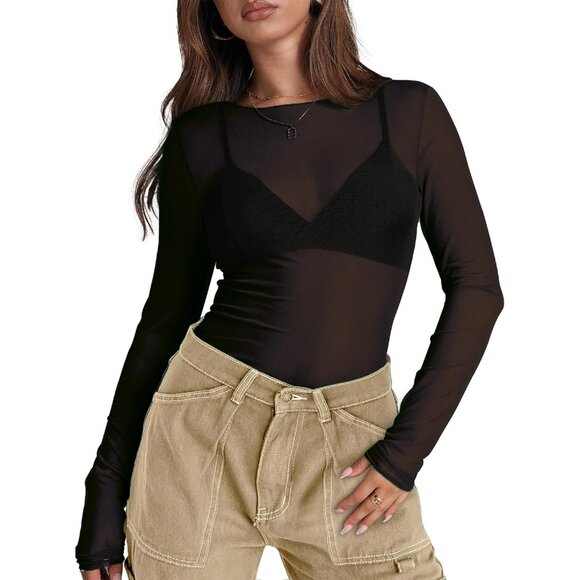 🆕 Women Black Mesh Sheer Long Sleeve Tops Lace Sexy Mock Neck Shirts Layering - Picture 1 of 4